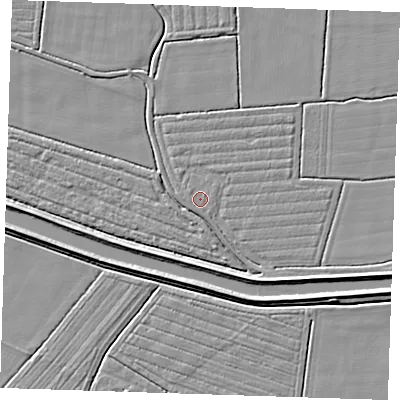 Shaded relief map of the ground around PE244NS, computed from Environment Agency LiDAR. The ground here sits at about 2 m above sea level and falls 5 m across the surrounding 800 m. Surface water reaching this point runs off ground lying to the north-east, 0.5 m higher.