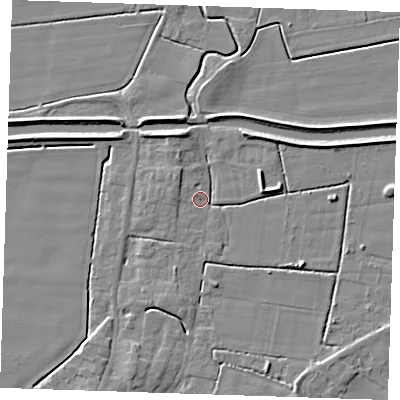 Shaded relief map of the ground around PE244PA, computed from Environment Agency LiDAR. The ground here sits at about 3 m above sea level and falls 5 m across the surrounding 800 m. Surface water reaching this point runs off ground lying to the west-north-west, 2.6 m higher.
