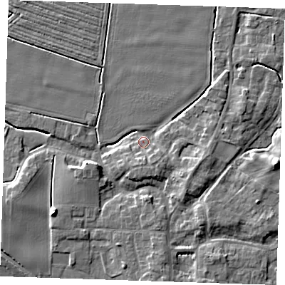 Shaded relief map of the ground around PE244PD, computed from Environment Agency LiDAR. The ground here sits at about 3 m above sea level and falls 8 m across the surrounding 800 m. Surface water reaching this point runs off ground lying to the east-south-east, 4.5 m higher.