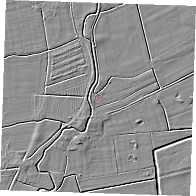 Shaded relief map of the ground around PE244PE, computed from Environment Agency LiDAR. The ground here sits at about 2 m above sea level and falls 4 m across the surrounding 800 m. Surface water reaching this point runs off ground lying to the west-south-west, 0.6 m higher.