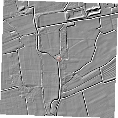 Shaded relief map of the ground around PE244PF, computed from Environment Agency LiDAR. The ground here sits at about 3 m above sea level and falls 4 m across the surrounding 800 m. Surface water reaching this point runs off ground lying to the west-north-west, 1.9 m higher.