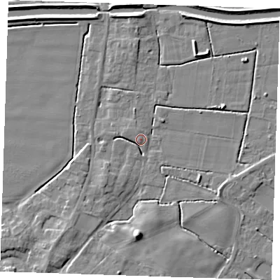 Shaded relief map of the ground around PE244PG, computed from Environment Agency LiDAR. The ground here sits at about 4 m above sea level and falls 8 m across the surrounding 800 m. Surface water reaching this point runs off ground lying to the south-west, 3.4 m higher.