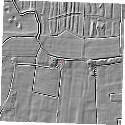 Shaded relief map of the ground around PE244PJ, computed from Environment Agency LiDAR. The ground here sits at about 2 m above sea level and falls 4 m across the surrounding 800 m. Surface water reaching this point runs off ground lying to the west-north-west, 1.4 m higher.
