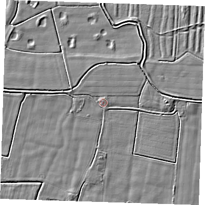 Shaded relief map of the ground around PE244PL, computed from Environment Agency LiDAR. The ground here sits at about 2 m above sea level and falls 4 m across the surrounding 800 m. Surface water reaching this point runs off ground lying to the west-north-west, 1.3 m higher.