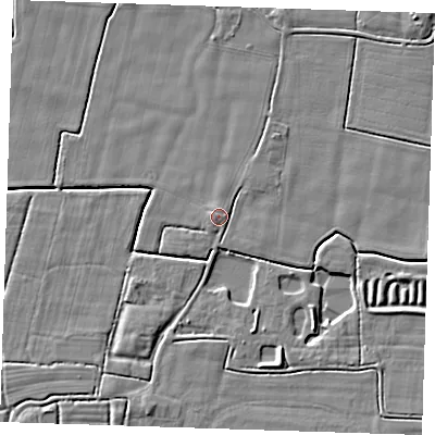 Shaded relief map of the ground around PE244PN, computed from Environment Agency LiDAR. The ground here sits at about 2 m above sea level and falls 4 m across the surrounding 800 m. Surface water reaching this point runs off ground lying to the east, 1.6 m higher.