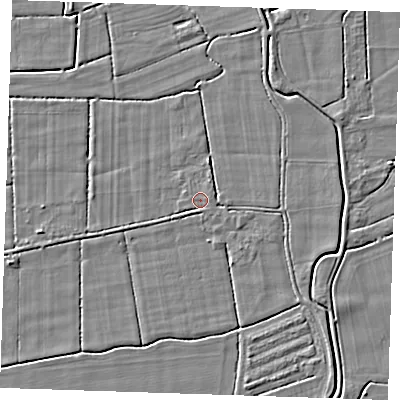 Shaded relief map of the ground around PE244PP, computed from Environment Agency LiDAR. The ground here sits at about 2 m above sea level and falls 3 m across the surrounding 800 m. The ground contributing surface water to this point lies to the east.