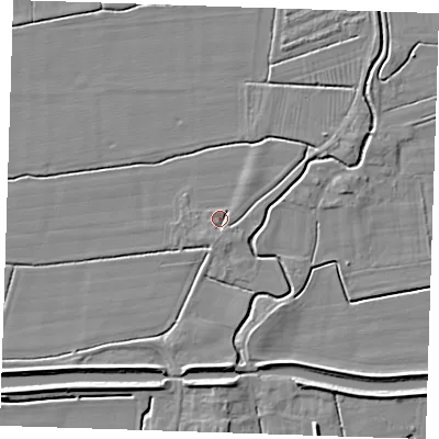 Shaded relief map of the ground around PE244PQ, computed from Environment Agency LiDAR. The ground here sits at about 2 m above sea level and falls 5 m across the surrounding 800 m. Surface water reaching this point runs off ground lying to the south, 1.8 m higher.