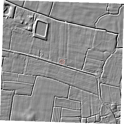 Shaded relief map of the ground around PE244PR, computed from Environment Agency LiDAR. The ground here sits at about 2 m above sea level and falls 4 m across the surrounding 800 m. Surface water reaching this point runs off ground lying to the south-west, 1.1 m higher.