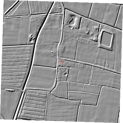 Shaded relief map of the ground around PE244PS, computed from Environment Agency LiDAR. The ground here sits at about 2 m above sea level and falls 5 m across the surrounding 800 m. Surface water reaching this point runs off ground lying to the north, 1.2 m higher.