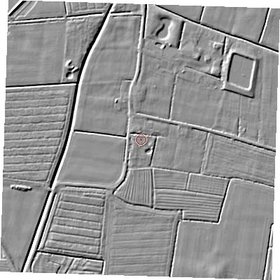 Shaded relief map of the ground around PE244PT, computed from Environment Agency LiDAR. The ground here sits at about 2 m above sea level and falls 5 m across the surrounding 800 m. Surface water reaching this point runs off ground lying to the north-north-east, 1.4 m higher.