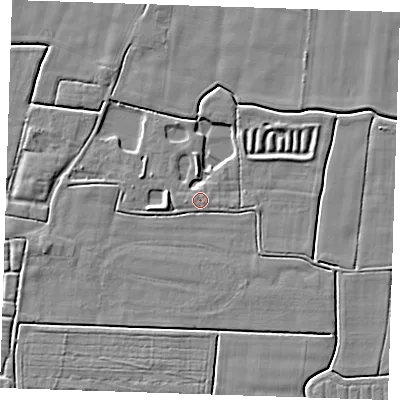 Shaded relief map of the ground around PE244PW, computed from Environment Agency LiDAR. The ground here sits at about 2 m above sea level and falls 4 m across the surrounding 800 m. Surface water reaching this point runs off ground lying to the west, 1.5 m higher.