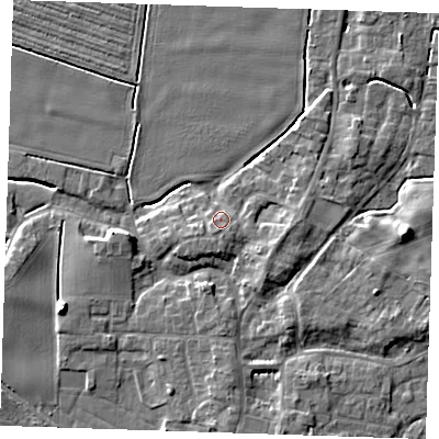 Shaded relief map of the ground around PE244PX, computed from Environment Agency LiDAR. The ground here sits at about 4 m above sea level and falls 8 m across the surrounding 800 m. Surface water reaching this point runs off ground lying to the south-south-west, 1.3 m higher.
