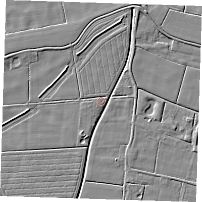 Shaded relief map of the ground around PE244PY, computed from Environment Agency LiDAR. The ground here sits at about 2 m above sea level and falls 5 m across the surrounding 800 m. Surface water reaching this point runs off ground lying to the east-north-east, 1.9 m higher.