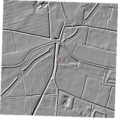 Shaded relief map of the ground around PE244PZ, computed from Environment Agency LiDAR. The ground here sits at about 2 m above sea level and falls 5 m across the surrounding 800 m. Surface water reaching this point runs off ground lying to the west-north-west, 1.3 m higher.