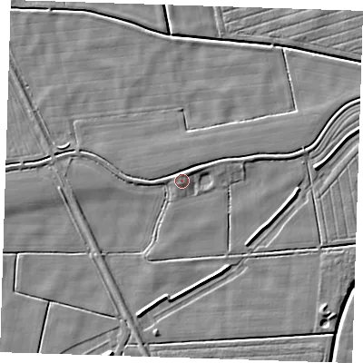Shaded relief map of the ground around PE244QB, computed from Environment Agency LiDAR. The ground here sits at about 3 m above sea level and falls 5 m across the surrounding 800 m. Surface water reaching this point runs off ground lying to the north-north-east, 1.8 m higher.
