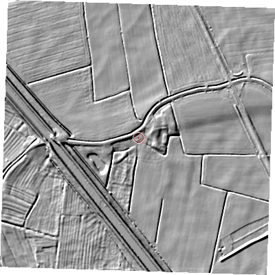 Shaded relief map of the ground around PE244QD, computed from Environment Agency LiDAR. The ground here sits at about 2 m above sea level and falls 6 m across the surrounding 800 m. Surface water reaching this point runs off ground lying to the north, 1.7 m higher.