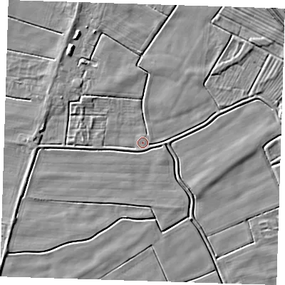 Shaded relief map of the ground around PE244QF, computed from Environment Agency LiDAR. The ground here sits at about 1 m above sea level and falls 6 m across the surrounding 800 m. Surface water reaching this point runs off ground lying to the south, 1.9 m higher.