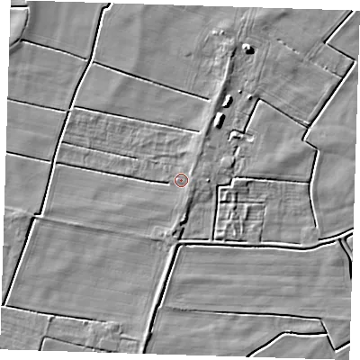 Shaded relief map of the ground around PE244QG, computed from Environment Agency LiDAR. The ground here sits at about 1 m above sea level and falls 6 m across the surrounding 800 m. Surface water reaching this point runs off ground lying to the east, 1.2 m higher.