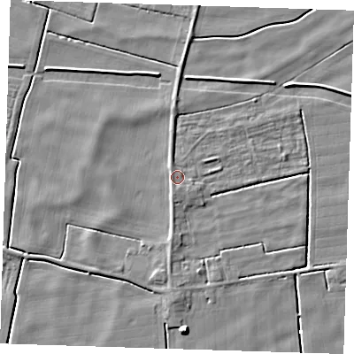 Shaded relief map of the ground around PE244QH, computed from Environment Agency LiDAR. The ground here sits at about 2 m above sea level and falls 7 m across the surrounding 800 m. Surface water reaching this point runs off ground lying to the south-south-west, 1.4 m higher.
