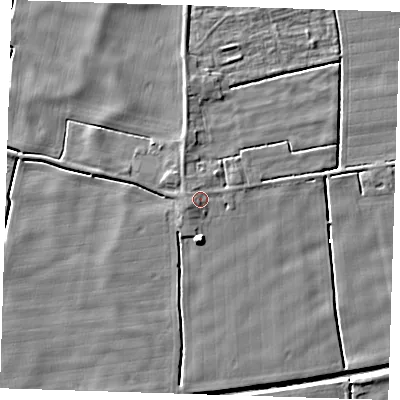 Shaded relief map of the ground around PE244QL, computed from Environment Agency LiDAR. The ground here sits at about 2 m above sea level and falls 7 m across the surrounding 800 m. Surface water reaching this point runs off ground lying to the west-south-west, 1.5 m higher.
