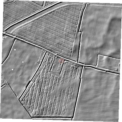 Shaded relief map of the ground around PE244QN, computed from Environment Agency LiDAR. The ground here sits at about 0 m above sea level and falls 3 m across the surrounding 800 m. Surface water reaching this point runs off ground lying to the south, 1.6 m higher.