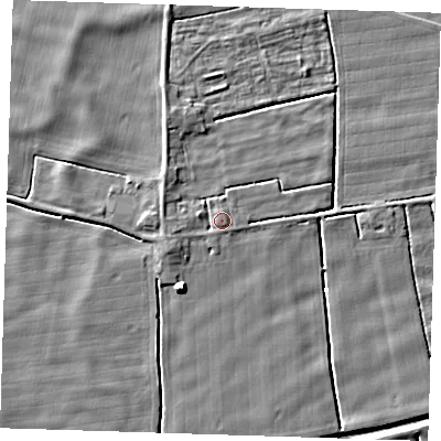 Shaded relief map of the ground around PE244QP, computed from Environment Agency LiDAR. The ground here sits at about 2 m above sea level and falls 7 m across the surrounding 800 m. Surface water reaching this point runs off ground lying to the west-south-west, 1.8 m higher.