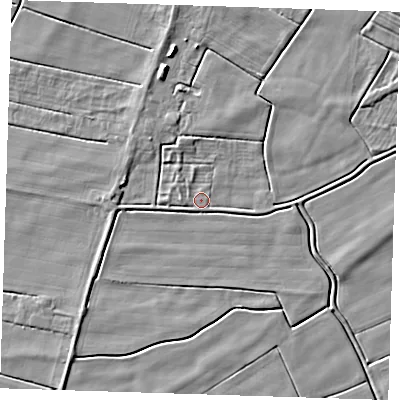 Shaded relief map of the ground around PE244QQ, computed from Environment Agency LiDAR. The ground here sits at about 1 m above sea level and falls 6 m across the surrounding 800 m. Surface water reaching this point runs off ground lying to the west, 1.4 m higher.