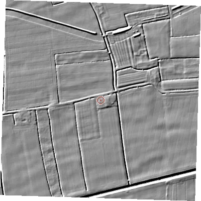 Shaded relief map of the ground around PE244QR, computed from Environment Agency LiDAR. The ground here sits at about 2 m above sea level and falls 6 m across the surrounding 800 m. Surface water reaching this point runs off ground lying to the east-south-east, 1.7 m higher.