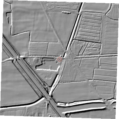 Shaded relief map of the ground around PE244QU, computed from Environment Agency LiDAR. The ground here sits at about 2 m above sea level and falls 7 m across the surrounding 800 m. Surface water reaching this point runs off ground lying to the south-south-west, 6.0 m higher.