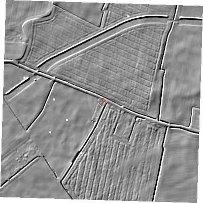 Shaded relief map of the ground around PE244QW, computed from Environment Agency LiDAR. The ground here sits at about 1 m above sea level and falls 4 m across the surrounding 800 m. Surface water reaching this point runs off ground lying to the east-south-east, 2.5 m higher.
