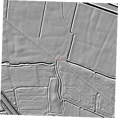 Shaded relief map of the ground around PE244QX, computed from Environment Agency LiDAR. The ground here sits at about 2 m above sea level and falls 5 m across the surrounding 800 m. Surface water reaching this point runs off ground lying to the north, 0.5 m higher.