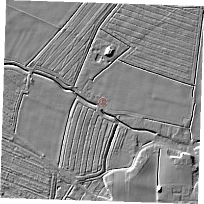 Shaded relief map of the ground around PE244QY, computed from Environment Agency LiDAR. The ground here sits at about 2 m above sea level and falls 8 m across the surrounding 800 m. Surface water reaching this point runs off ground lying to the south-south-east, 7.9 m higher.