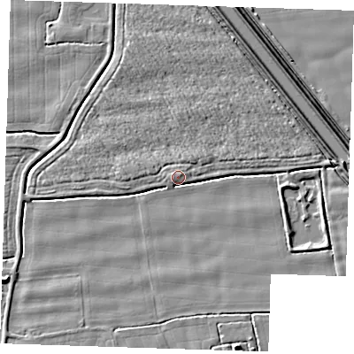 Shaded relief map of the ground around PE244RA, computed from Environment Agency LiDAR. The ground here sits at about 3 m above sea level and falls 6 m across the surrounding 800 m. Surface water reaching this point runs off ground lying to the west-south-west, 3.1 m higher.