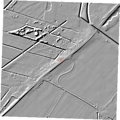 Shaded relief map of the ground around PE244RE, computed from Environment Agency LiDAR. The ground here sits at about 4 m above sea level and falls 9 m across the surrounding 800 m. Surface water reaching this point runs off ground lying to the south-east, 1.5 m higher.