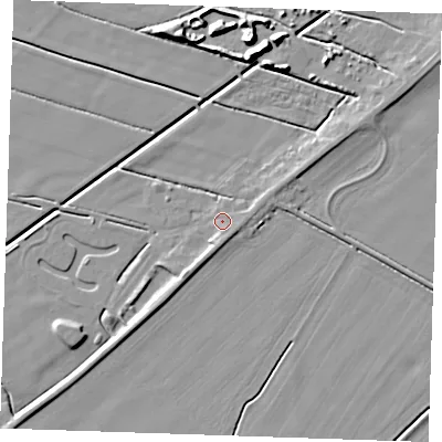 Shaded relief map of the ground around PE244RH, computed from Environment Agency LiDAR. The ground here sits at about 3 m above sea level and falls 9 m across the surrounding 800 m. Surface water reaching this point runs off ground lying to the south-south-east, 1.7 m higher.