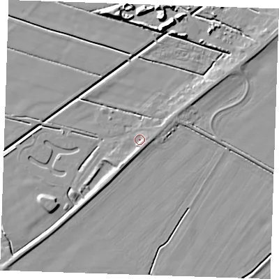 Shaded relief map of the ground around PE244RJ, computed from Environment Agency LiDAR. The ground here sits at about 3 m above sea level and falls 9 m across the surrounding 800 m. Surface water reaching this point runs off ground lying to the south-west, 2.2 m higher.