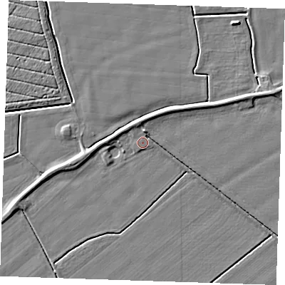 Shaded relief map of the ground around PE244RL, computed from Environment Agency LiDAR. The ground here sits at about 4 m above sea level and falls 4 m across the surrounding 800 m. Surface water reaching this point runs off ground lying to the north, 2.8 m higher.