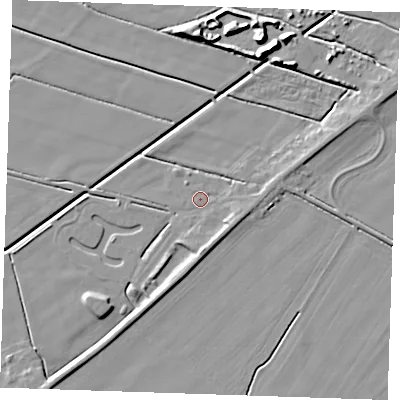 Shaded relief map of the ground around PE244RQ, computed from Environment Agency LiDAR. The ground here sits at about 3 m above sea level and falls 9 m across the surrounding 800 m. Surface water reaching this point runs off ground lying to the south, 2.9 m higher.