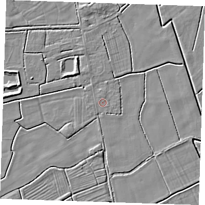 Shaded relief map of the ground around PE244RR, computed from Environment Agency LiDAR. The ground here sits at about 2 m above sea level and falls 4 m across the surrounding 800 m. Surface water reaching this point runs off ground lying to the north-north-west, 0.5 m higher.