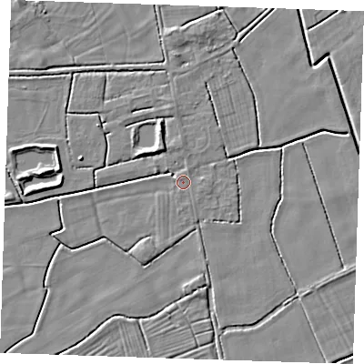 Shaded relief map of the ground around PE244RS, computed from Environment Agency LiDAR. The ground here sits at about 2 m above sea level and falls 4 m across the surrounding 800 m. The ground contributing surface water to this point lies to the east.