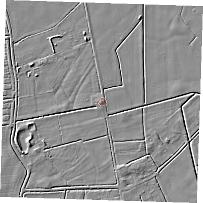 Shaded relief map of the ground around PE244RU, computed from Environment Agency LiDAR. The ground here sits at about 3 m above sea level and falls 5 m across the surrounding 800 m. The ground contributing surface water to this point lies to the north-east.