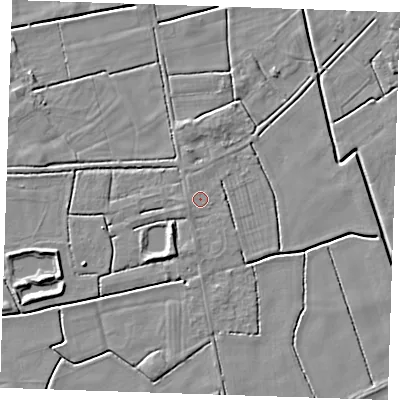 Shaded relief map of the ground around PE244RW, computed from Environment Agency LiDAR. The ground here sits at about 2 m above sea level and falls 4 m across the surrounding 800 m. Surface water reaching this point runs off ground lying to the west-south-west, 0.9 m higher.