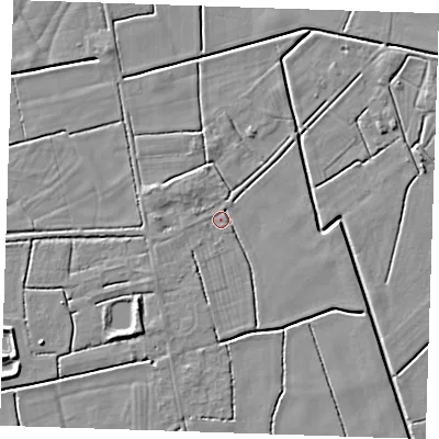 Shaded relief map of the ground around PE244RX, computed from Environment Agency LiDAR. The ground here sits at about 2 m above sea level and falls 4 m across the surrounding 800 m. Surface water reaching this point runs off ground lying to the south-west, 1.8 m higher.