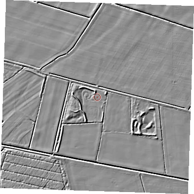 Shaded relief map of the ground around PE244RZ, computed from Environment Agency LiDAR. The ground here sits at about 2 m above sea level and falls 4 m across the surrounding 800 m. Surface water reaching this point runs off ground lying to the west, 2.6 m higher.