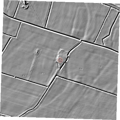 Shaded relief map of the ground around PE244SA, computed from Environment Agency LiDAR. The ground here sits at about 3 m above sea level and falls 6 m across the surrounding 800 m. The ground contributing surface water to this point lies to the east.
