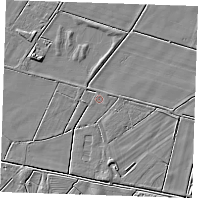 Shaded relief map of the ground around PE244SB, computed from Environment Agency LiDAR. The ground here sits at about 2 m above sea level and falls 4 m across the surrounding 800 m. The ground contributing surface water to this point lies to the west-south-west.
