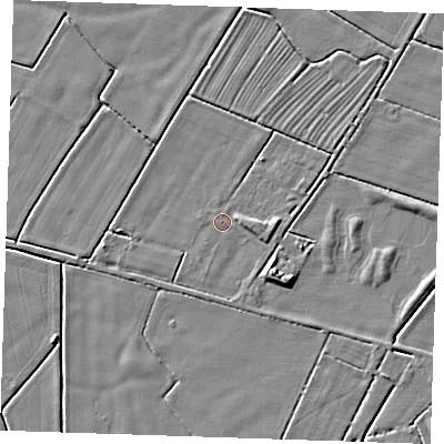 Shaded relief map of the ground around PE244SD, computed from Environment Agency LiDAR. The ground here sits at about 2 m above sea level and falls 4 m across the surrounding 800 m. Surface water reaching this point runs off ground lying to the east, 2.1 m higher.