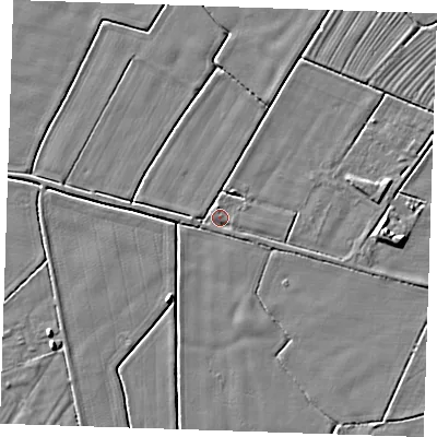 Shaded relief map of the ground around PE244SF, computed from Environment Agency LiDAR. The ground here sits at about 2 m above sea level and falls 4 m across the surrounding 800 m. Surface water reaching this point runs off ground lying to the north-west, 1.2 m higher.