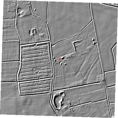 Shaded relief map of the ground around PE244SL, computed from Environment Agency LiDAR. The ground here sits at about 2 m above sea level and falls 5 m across the surrounding 800 m. Surface water reaching this point runs off ground lying to the east-north-east, 2.5 m higher.