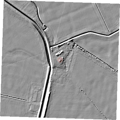 Shaded relief map of the ground around PE244SP, computed from Environment Agency LiDAR. The ground here sits at about 4 m above sea level and falls 6 m across the surrounding 800 m. Surface water reaching this point runs off ground lying to the south-south-west, 0.6 m higher.
